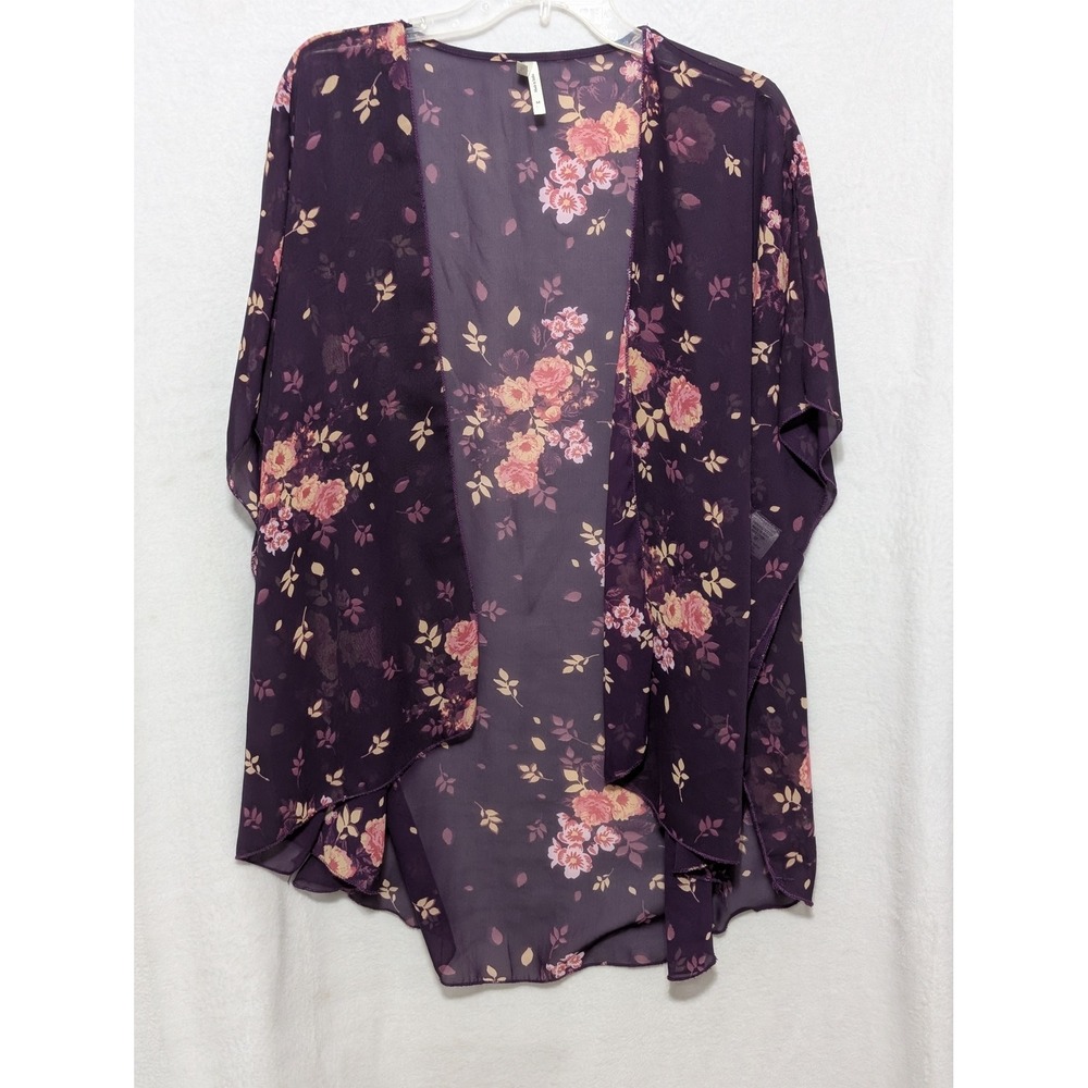 Live 4 Truth Purple Floral Kimono Wrap Sheer Open Front Cardigan Medium Print